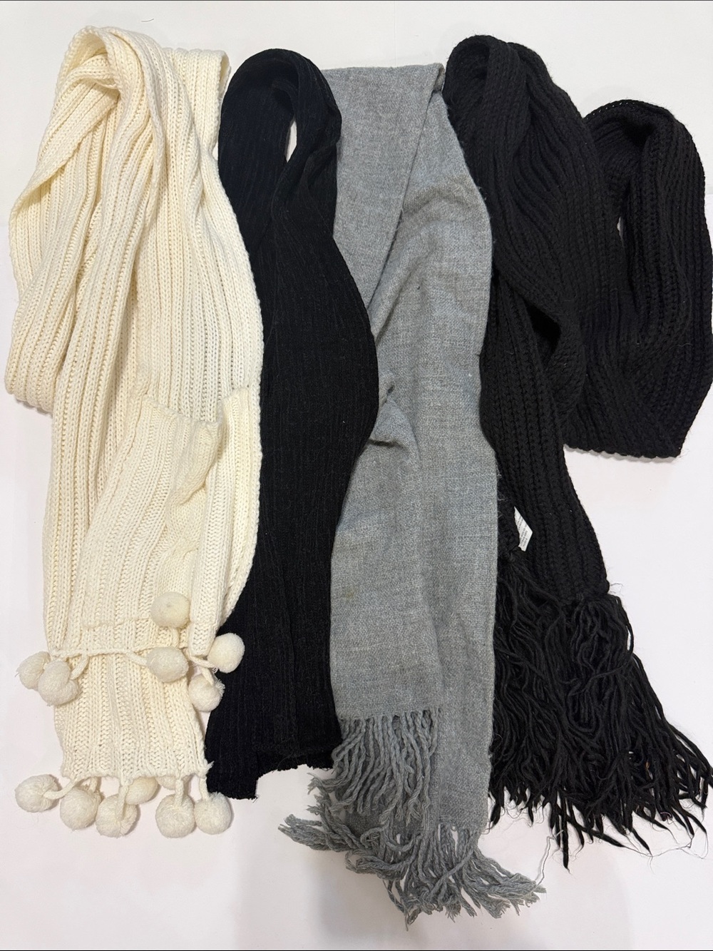 Neutral Knit Scarf Set with Pom-Pom and Fringe - Cream, Black & Gray